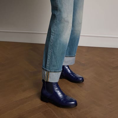 No Stress - Dames - Donkerblauwe leren chelsea boots met croco details - Maat 37