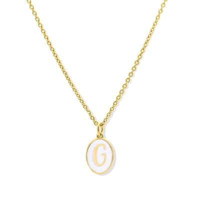 New Bling 9LA-20061-G Zilveren Ketting met Letterhangertje - G - Ovaal - 12x8,8mm - Emaille - Wit - Zilver - Initiaal sieraad - Verguld/Goud op Zilver