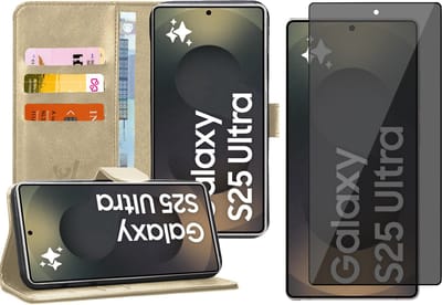 Hoesje geschikt voor Samsung Galaxy S25 Ultra - Privacy Screenprotector Volledig Dekkend Glas - Portemonnee Book Case Goud