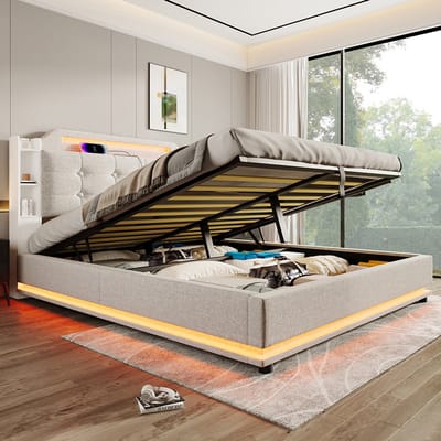 Komhtom Gestoffeerd bed, 140*200 cm, met ledstrip, hydraulische opbergruimte, meerdere opbergvakken, zonder matras, USB + TYPE-C, linnen, beige