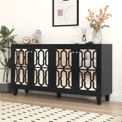 DESMIU Dressoir - Spiegeldeuren Met Vier Deuren En Verstelbare Planken - Voor Woonkamer En Eetkamer - MDF - 160x40x84 Cm - Zwart