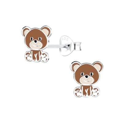 Zilveren kinderoorbellen beertje bruin | Teddybeer Oorknopjes Meisje Zilver | Zilverana | Sterling 925 Silver