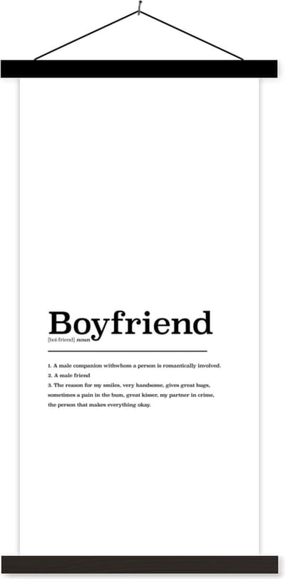 Posterhanger incl. Poster 40x80 cm - Schoolplaat - Vriend definitie - Quotes - Spreuken - Boyfriend - Woordenboek - Textielposter - Zwarte latten