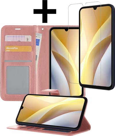 Hoesje - Met Screenprotector - Geschikt voor Samsung Galaxy A15 - Luxe Pasjeshouder - Bookcase Portemonee - Flip Case - Kunstleer Book Case - Flipcase - Book Cover - Walletcase - Portemonneehoes - Telefoonhoesjes - Rosé goud