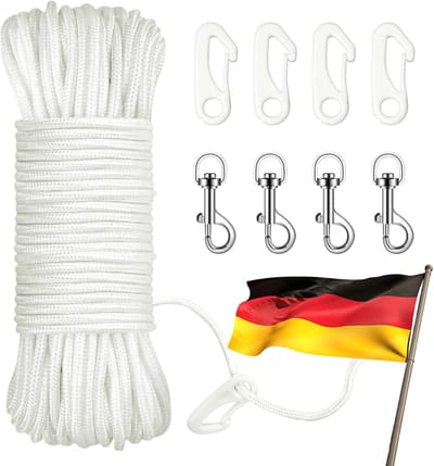 25 m wit nylon touw, diameter 6 mm, klimtouw met 4 metalen haken en 4 nylon haken, vlaggentouw voor gordijnen, wasrek, duurzaam touw voor buiten