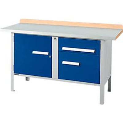 Box-type werkbank Schäfer Shop Select PWi 150-3, beuken multiplex blad, met stalen afdekking, tot 750 kg, B 1500 x D 700 x H 840 mm, gentiaanblauw