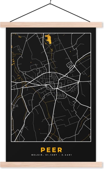 Posterhanger incl. Poster 40x60 cm - Schoolplaat - Stadskaart - Plattegrond - Peer - Goud - Kaart - Textielposter - Blanke latten - Stadskaart