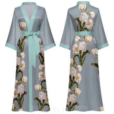 Print in Chinese stijl Dames Lange Robe Nachthemd Retro Satijnen Nachtkleding Nachthemd Halve Mouw Kimono Badjas Gewaad Losse Huiskleding One size gray