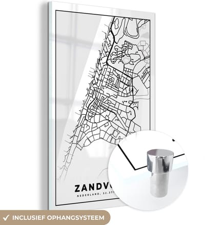 MuchoWow® Glasschilderij 40x60 cm - Schilderij acrylglas - Kaart - Zandvoort - Zwart - Wit - Foto op glas - Schilderijen
