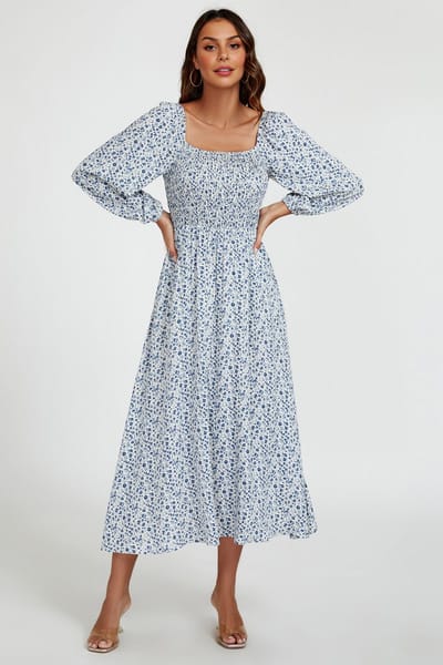 Maxi-jurk met vierkante hals en bloemenprint in lichtblauw