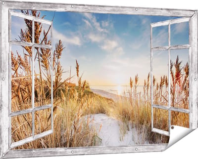 Gards Tuinposter Doorkijk Strand en Zee vanuit Duinen met Zonsondergang - 150x100 cm - Tuindoek - Tuindecoratie - Wanddecoratie buiten - Tuinschilderij