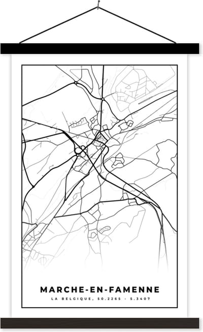 Posterhanger incl. Poster 40x60 cm - Schoolplaat - België – Marche en Famenne – Stadskaart – Kaart – Zwart Wit – Plattegrond - Textielposter - Zwarte latten - Stadskaart