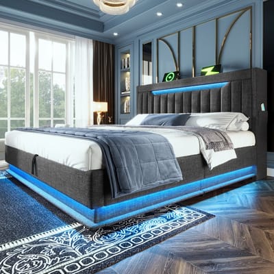 Gestoffeerd bed 180x200 cm Tweepersoonsbed - opberghoofdeinde met USB- en Type-C-poorten - LED-verlichting - met opbergruimte - grijs - zonder matras