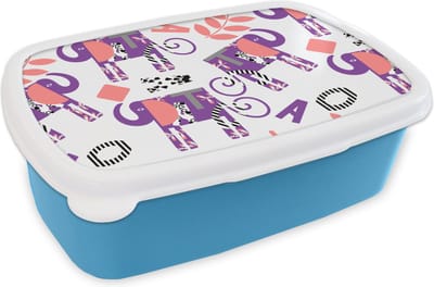Broodtrommel Blauw - Lunchbox - Brooddoos - Olifanten - Bladeren - Paars - Patroon - 18x12x6 cm - Kinderen - Jongen