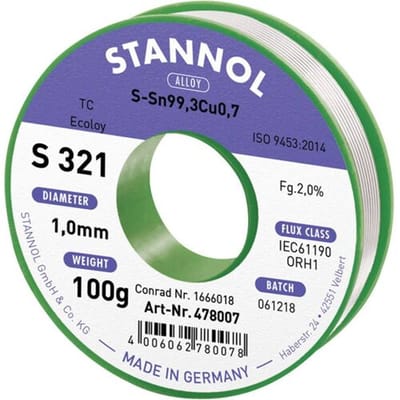 Stannol S321 2,0% 1,0MM SN99,3CU0,7CD 100G Soldeertin, loodvrij Loodvrij, Spoel Sn99,3Cu0,7 ORH1 100 g 1 mm