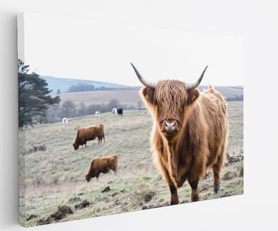Saammp Canvas Schilderij Schotse Hooglander Koe in het bevroren gras - Dieren - Natuur - 60x40 - Foto op canvas - Wanddecoratie - muurdecoratie Woonkamer - Slaapkamer decoratie - Canvas Print