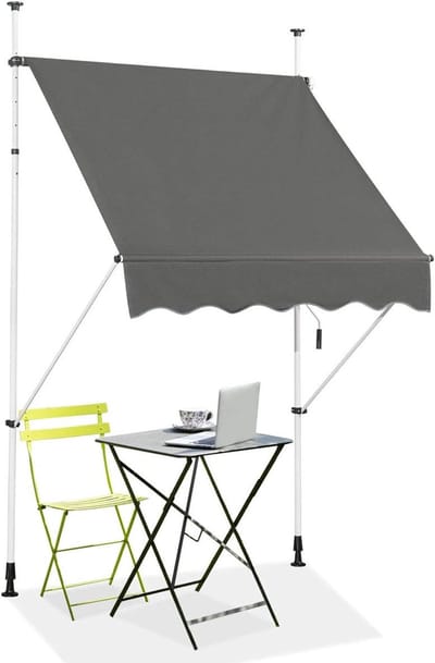 KOMFOTTEU Klemluifel, 150 cm breed, luifel voor balkon, zonder boren, luifel met handslinger, uv-bestendig, in hoogte verstelbaar, waterafstotend, zonwering voor balkon, terras en tuin
