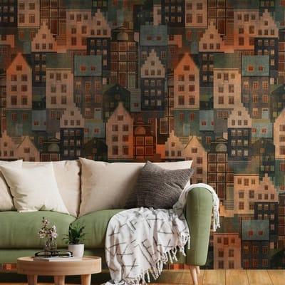 Fotobehang Profhome 391821-GU vliesbehang hardvinyl warmdruk in reliëf glad met grafisch patroon mat meerkleurig bruingrijs oranje olijfgroen 1,59 m x 2,8 m