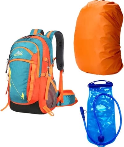 CarryQuest® - 35L Multifunctionele Hiking Rugzak - Nylon Backpack met Waterzak, Regenhoes, Drinksysteem, Rugventilatie & Comfortabele Schouderbanden - 51x32 cm - Groen/Oranje