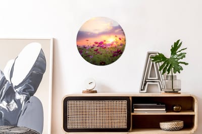WallCircle - Wandcirkel 30x30 - Zonsondergang - Bloemen - Roze - Natuur - Groen - Ronde schilderijen woonkamer - Wandbord rond - Muurdecoratie cirkel - Kamer decoratie binnen - Wanddecoratie muurcirkel - Woonaccessoires