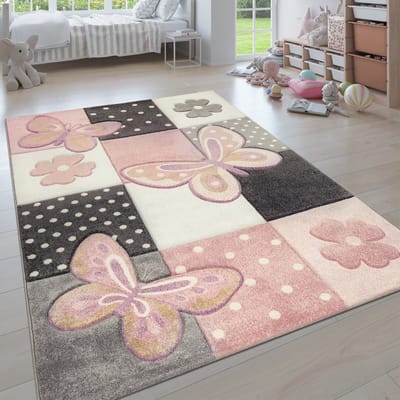 Paco Home Kindervloerkleed Kinderkamer Meerkleurig Roze Vlinders Ruitpatroon Stippen Bloemen 120x170 cm