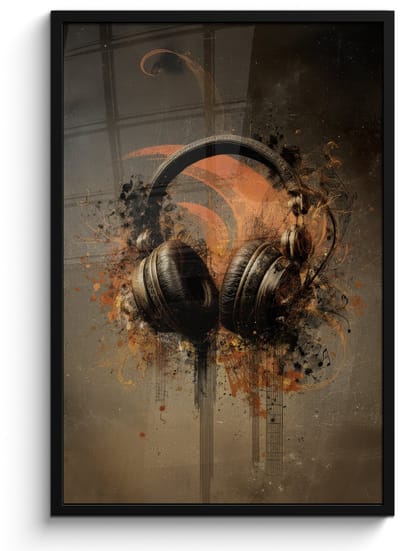 Poster in lijst - Fotolijst 60x90 cm - Posters - Koptelefoon - Bruin - Verf - Vintage - Posterlijst zwart - Decoratie - Wanddecoratie woonkamer - Muurdecoratie slaapkamer