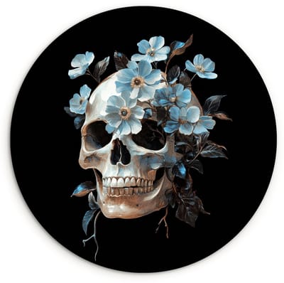 WallCircle® Wandcirkel 120x120 cm - Muurcirkel Schedel - Blauw - Bloemen - Bladeren - Muurdecoratie woonkamer - Wanddecoratie slaapkamer - Kamer decoratie accessoires - Ronde schilderijen XXL