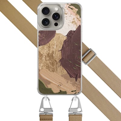 Hoesje met beige koord - Geschikt voor iPhone 15 Pro Max - Abstract art - Verstelbaar & verwisselbaar koord - TPU backcover - Bruin, Beige - Leuke Telefoonhoesjes