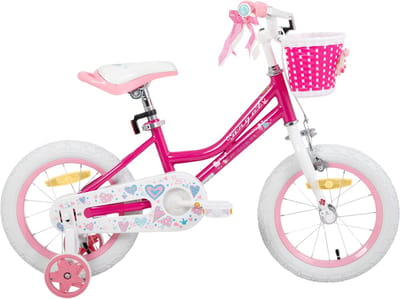 Meisjesfiets – Voor peuters en kinderen van 2-9 jaar – Met zijwieltjes, mandje, handrem & standaard – Roze, 30 cm