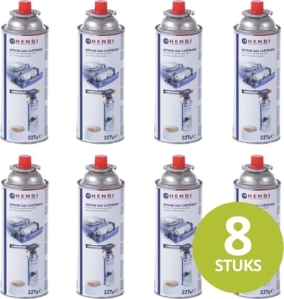 Hendi Gasbussen Butaan Navulling - Gasflessen Kookstel - Campinggasflessen - Gaspatroon 227g - Set van 8