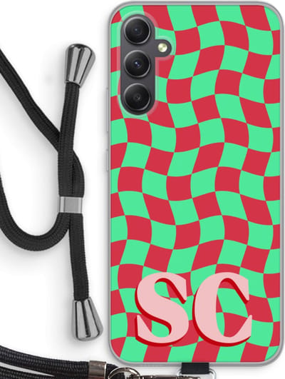 Gepersonaliseerd - Case Company® - Hoesje met koord geschikt voor Samsung Galaxy A34 hoesje met Koord - Grid Monogram - Telefoonhoesje met Zwart Koord - Bescherming aan alle Kanten en Over de Schermrand