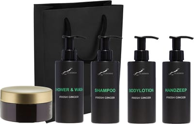 Compleet pakket Fresh Ginger - Shower & Wash + Shampoo + Bodylotion + Handzeep + Scrubzout 300 gram - 300 ml per fles - complete set van 5 stuks - met luxe gift tas - cadeau - giftset voor hem en haar