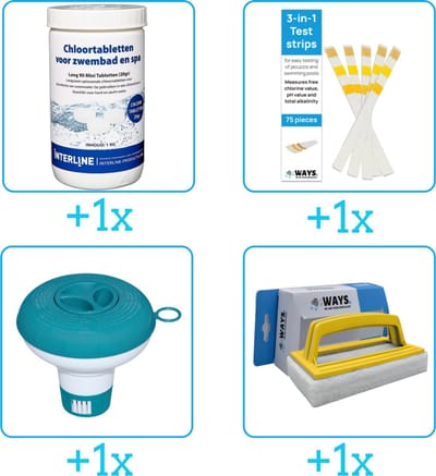 Zwembad Onderhoudspakket - Onderhoud Zwembad - bevat Chloor - Testrips - Chloordrijver en Scrubborstel (4-delig)