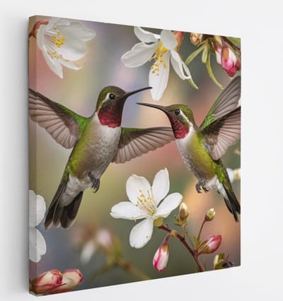 Saammp Canvas Schilderij - 2 Kolibries tussen de witte bloemen - Dieren - Bloemen - 20x20 - Foto op canvas - Wanddecoratie - muurdecoratie Woonkamer - Slaapkamer decoratie - Canvas Print