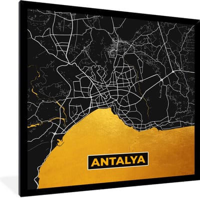 Fotolijst incl. Poster - Antalya - Goud - Plattegrond - Stadskaart - Kaart - 40x40 cm - Posterlijst
