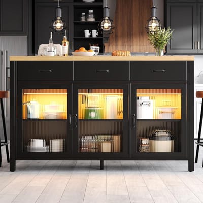 Keukeneiland met Laden - Keuken Opberger - Maaltijden Bereiden - Geïntegreerde Verlichting - 150 x 80 cm - Zwart Naturel