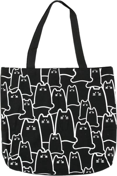Allecto Plus - Herbruikbare canvas tas met kattenmotief voor dames - Zwart - Eco-vriendelijke tote bag met ritssluiting - Katoenen shopper stof - Schattige draagtas - Grote kattentas - 25.0 cm