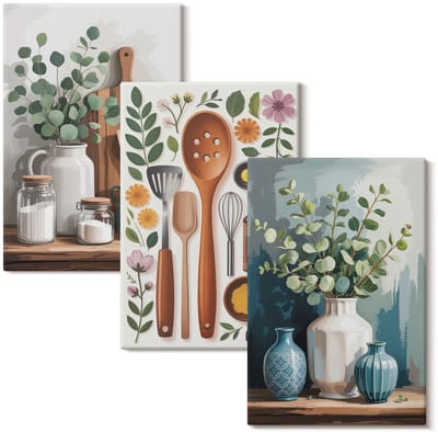 Wallfluent Set van canvas schilderijen - Keukenaccessoires met planten in een moderne stijl Canvas Schilderijen Set - set 3 stuks 20x30 cm - Veelkleurig Set van Canvas Prints - Voedsel Canvas Kunst Set - Boheemse Canvas Kunst Set