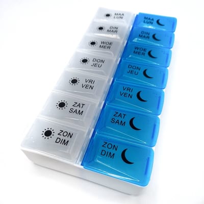 Tabletten box | Pillendoos |Reispillen | Organizer, draagbare dubbellaagse medicijnopbergdoos met 14 vakken voor vitaminen, levertraan, voedingssupplementen en medicijnen, BPA-vrij | Met dag aanduiding Ma/Zo (Ochtend & Avond) | Blauw/Wit