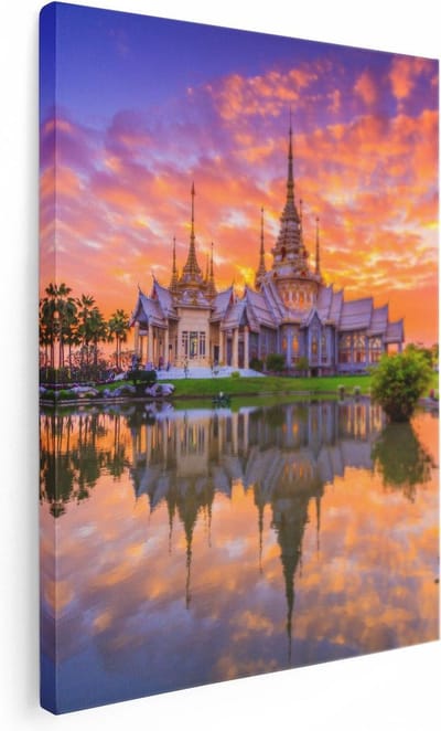 Artaza Canvas Schilderij Tempel Thailand - 30x40 cm - Klein - Wanddecoratie Zon - Muurdecoratie Reflectie - Kamer Accessoires