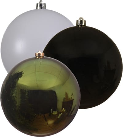 Kerstversieringen set van 6x grote kunststof kerstballen groen-wit-zwart 14 cm glans - 2x per kleur