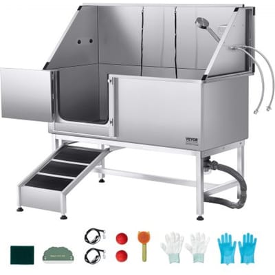 VEVOR Hondenwasstation van roestvrij staal, 1500x700x1495 mm, trimbad voor huisdieren met oprit, PE-waterfilterplaat, kraan, douchekop en zeephouder, voor grote, middelgrote en kleine huisdieren (linkerdeur)