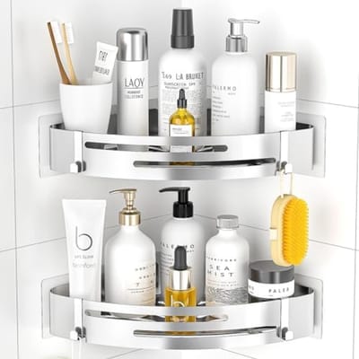 PromoHome Zelfklevende Doucheplank Hoek Doucherek Roestvrij Staal 2 Stuks Douchemand Met 4 Haken Badkamer Plank Douche Opslag Shampoo Douchegel Zilver