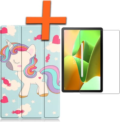 Hoesje - Geschikt voor Lenovo Tab M10 Plus (3e / 3rd Generatie) - Met Screenprotector - Trifold Bookcase - Hard Cover - Hardcover Book Case - Tablet Hoes - Eenhoorn