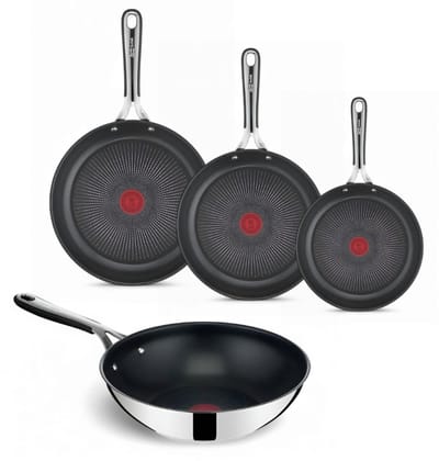 Jamie Oliver by Tefal Kitchen Essentials Pannenset - Koekenpannen Ø20/24/28cm + Wokpan Ø28cm - Tefal Pannen RVS - Siliconen Handgreep - Inductie