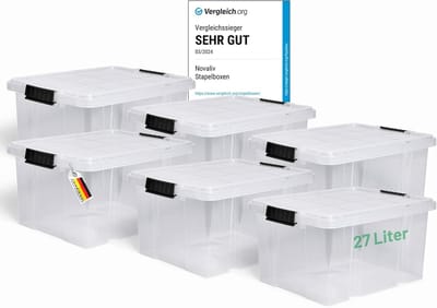 Novaliv 6x opbergdozen met deksel 27L transparant nestbaar stapelbaar opbergdozen met clipsluiting kunststof doos BPA-vrij 46,5x36,5x24 cm