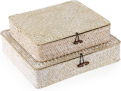 Rotanmand, 2 stuks, van natuurlijk zeegras met deksel, handwerk, opbergkist, opbergmanden, orde mand voor keuken, badkamer, slaapkamer, groot + klein (rechthoekig, wit)