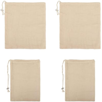 Dailygoods - 4 stuks herbruikbare katoenen zakken met trekkoord van mousseline katoen, voor het koken van cheese cloth, keukentas, wasbaar, voor het koken van groenten, bouillon, kikkererwten, 4 stuks,