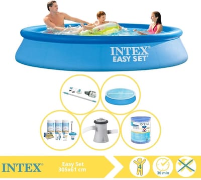 Intex Rond Opblaasbaar Easy Set Zwembad - 305 x 61 cm - Blauw - Inclusief Solarzeil - Onderhoudspakket - Zwembadfilterpomp - Filter - Stofzuiger - 6-delig