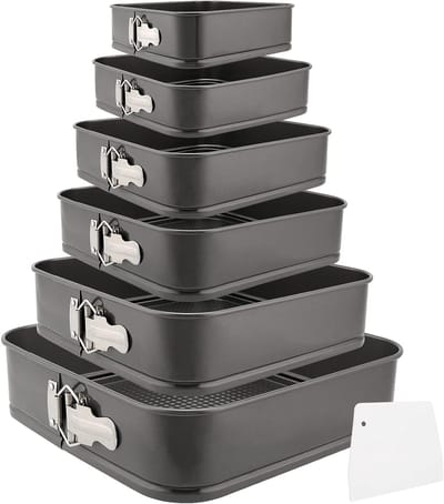 Set van 6 Bakvormen, Vierkante Bakvorm met Trapezium Cake Schraper, Ideaal voor Taarten en Desserts